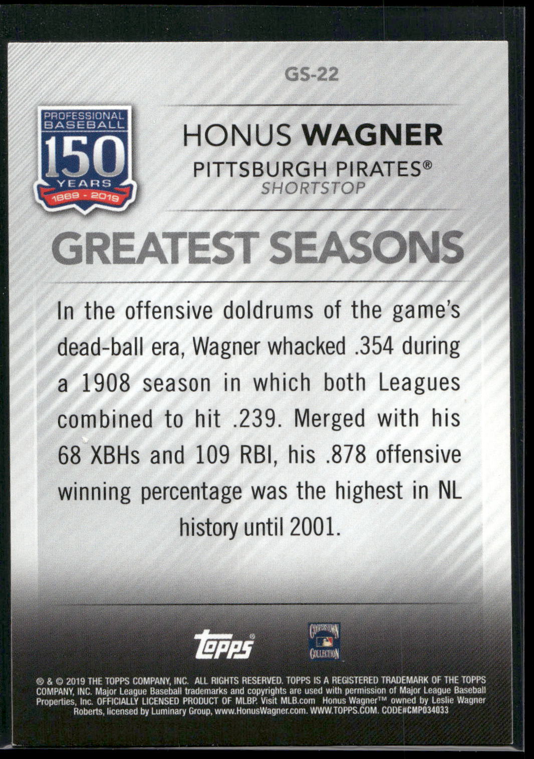 2019 Topps #GS-22 Honus Wagner 150 Years - Greatest Seasons