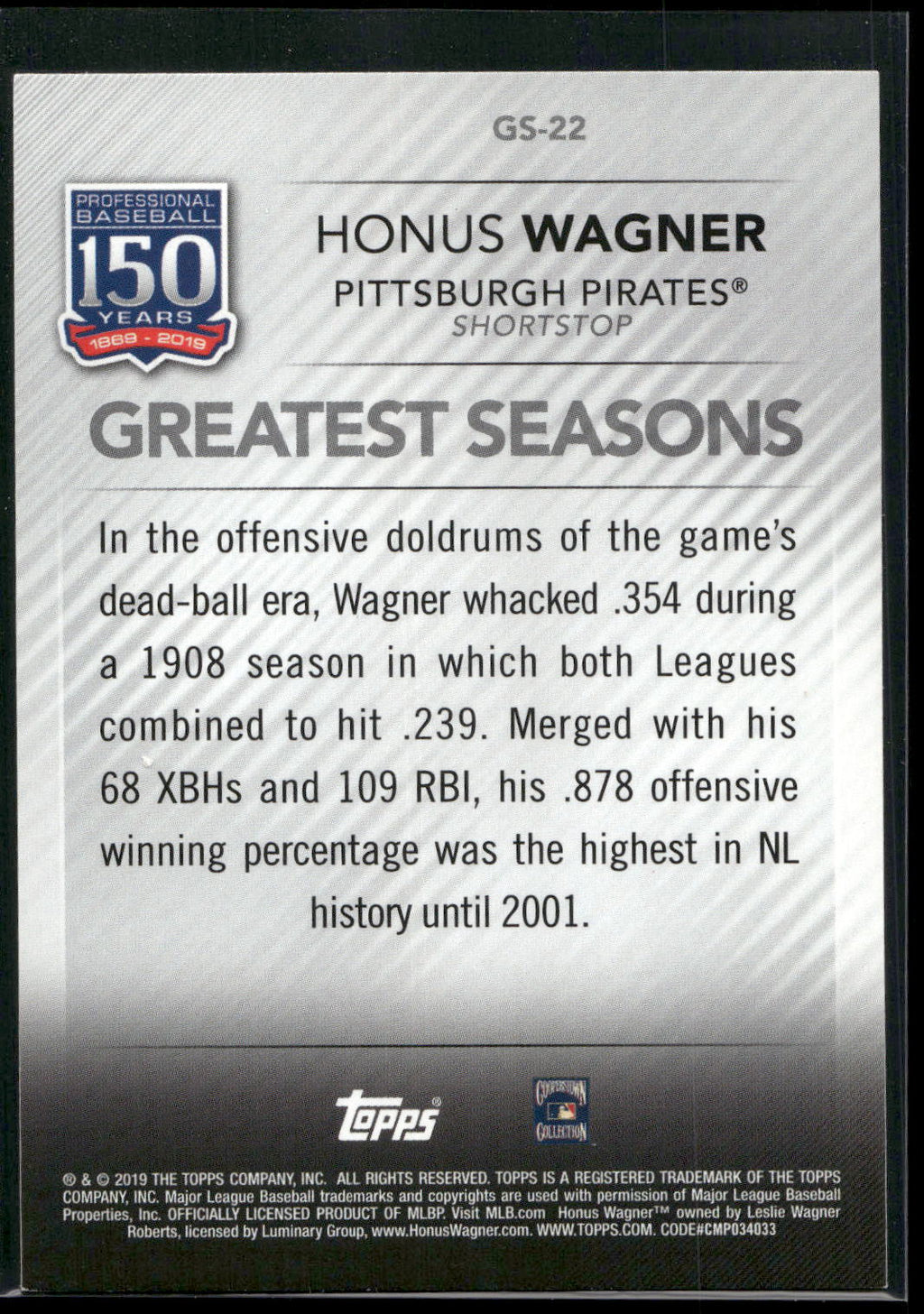 2019 Topps #GS-22 Honus Wagner 150 Years - Greatest Seasons