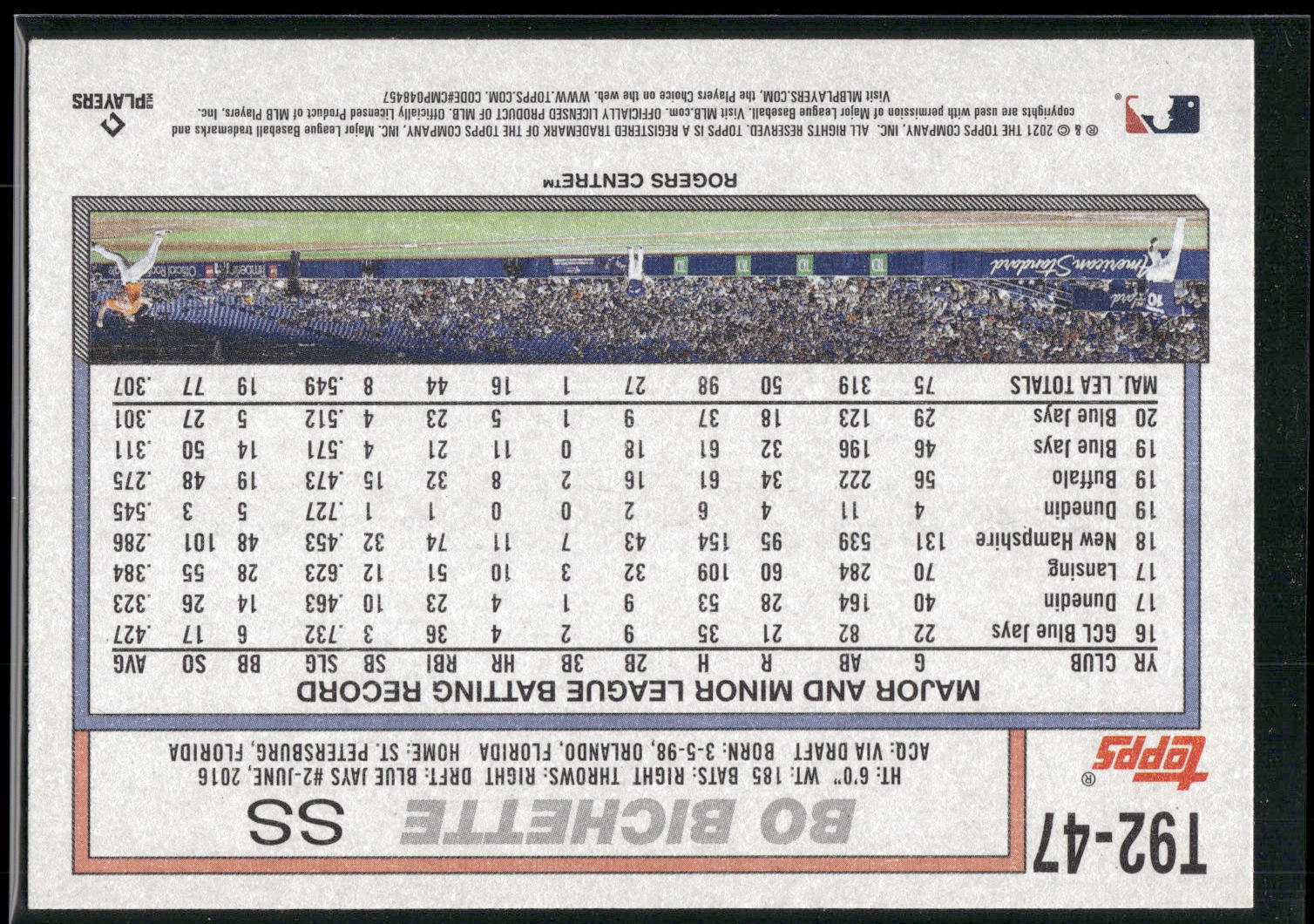 2021 Topps Update #T92-47 Bo Bichette 1992 Topps Redux
