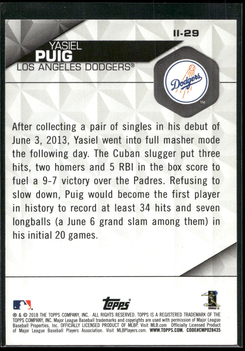 2018 Topps #II-29 Yasiel Puig Instant Impact