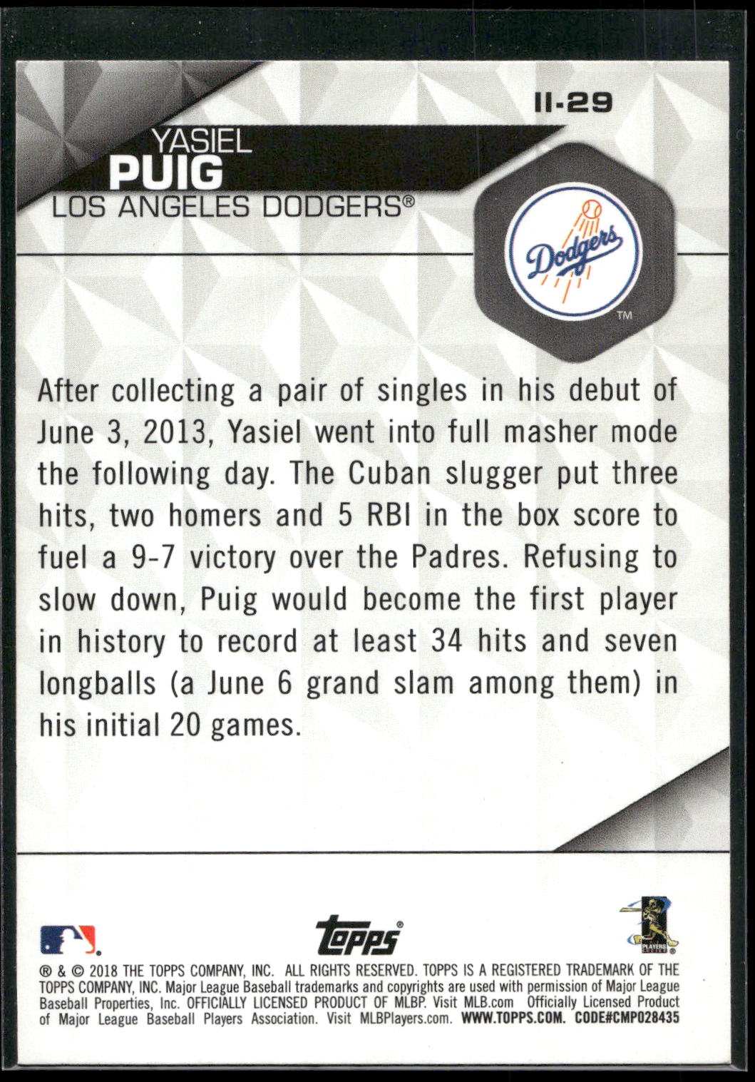 2018 Topps #II-29 Yasiel Puig Instant Impact