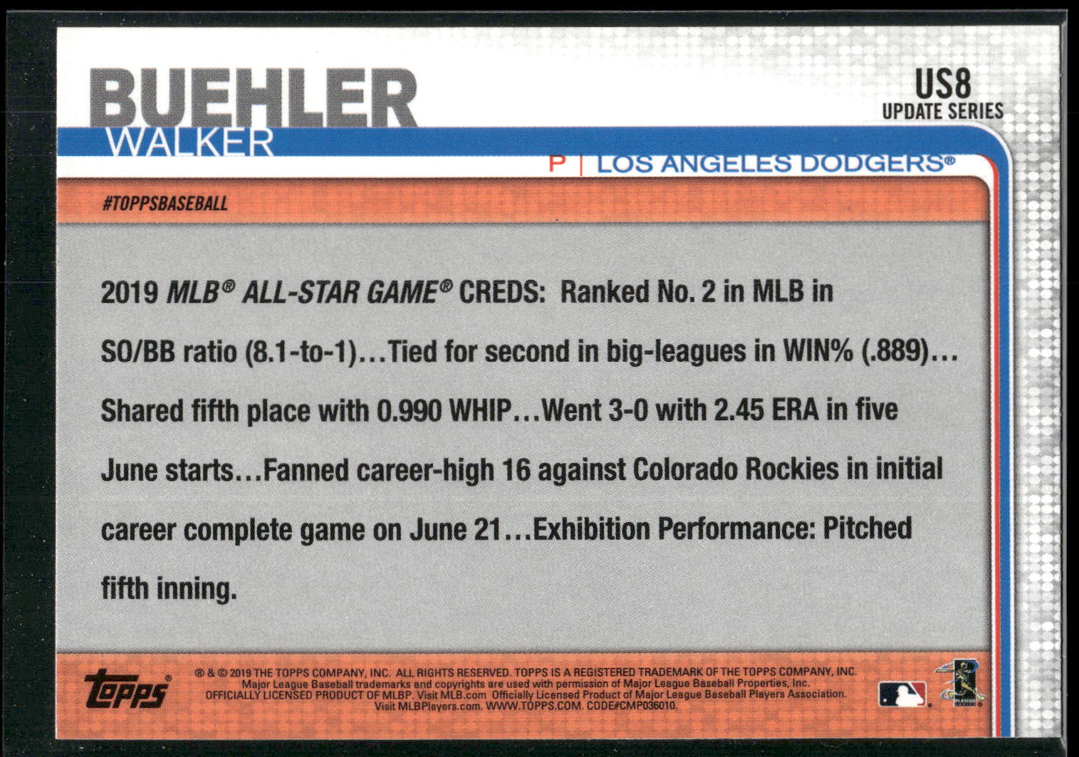 2019 Topps Update #US8 Walker Buehler