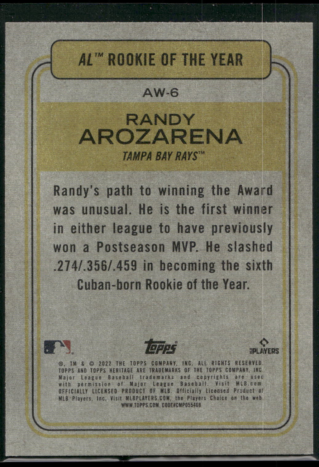 2022 Topps Heritage #AW-6 Randy Arozarena Award Winners