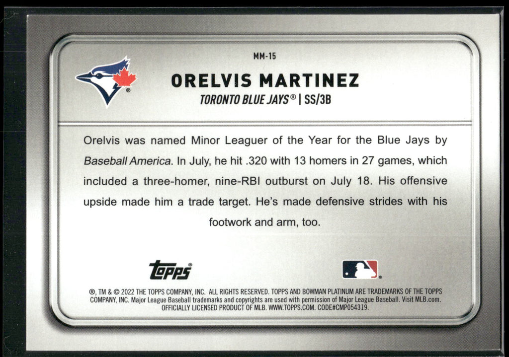 2022 Bowman Platinum #MM-15 Orelvis Martinez Minted in Merit