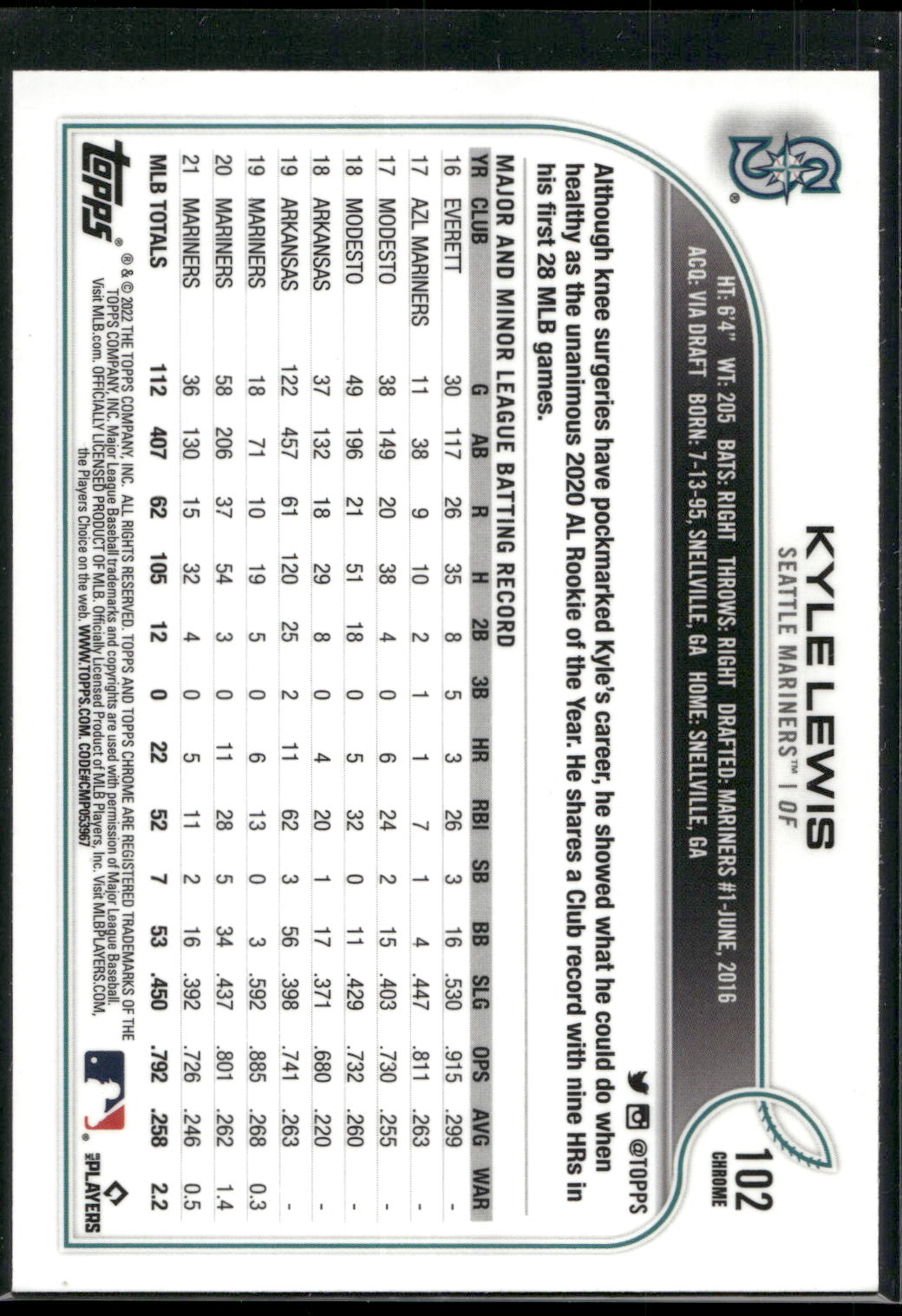 2022 Topps Chrome #102 Kyle Lewis Pink Refractor