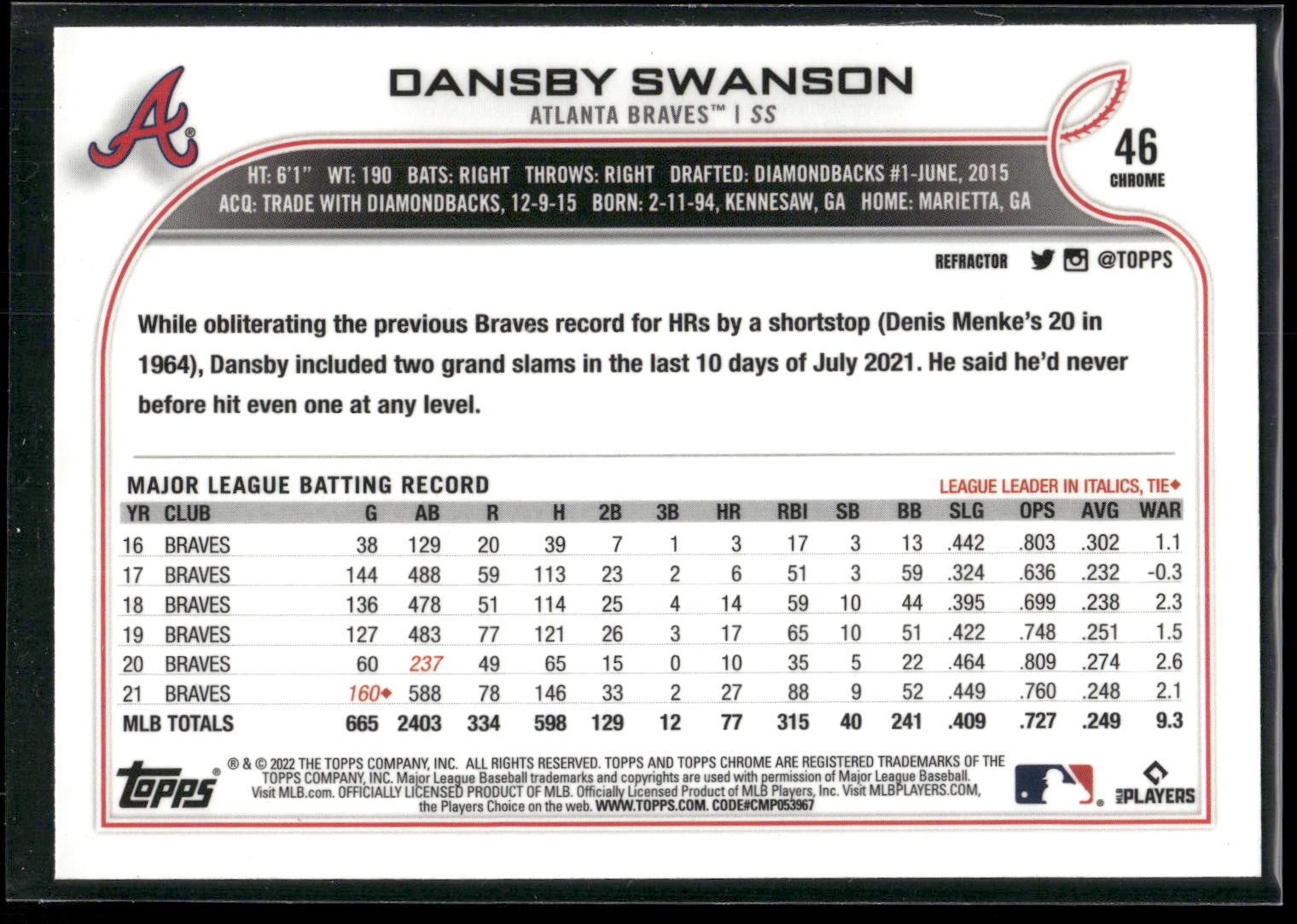 2022 Topps Chrome #46 Dansby Swanson