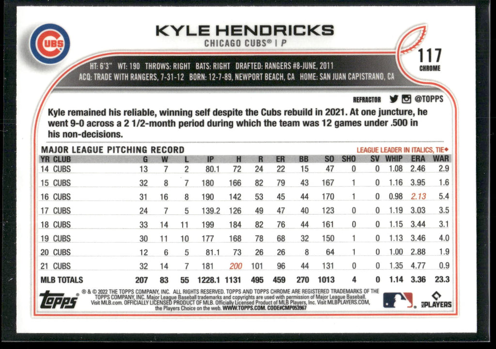 2022 Topps Chrome Sonic #117 Kyle Hendricks
