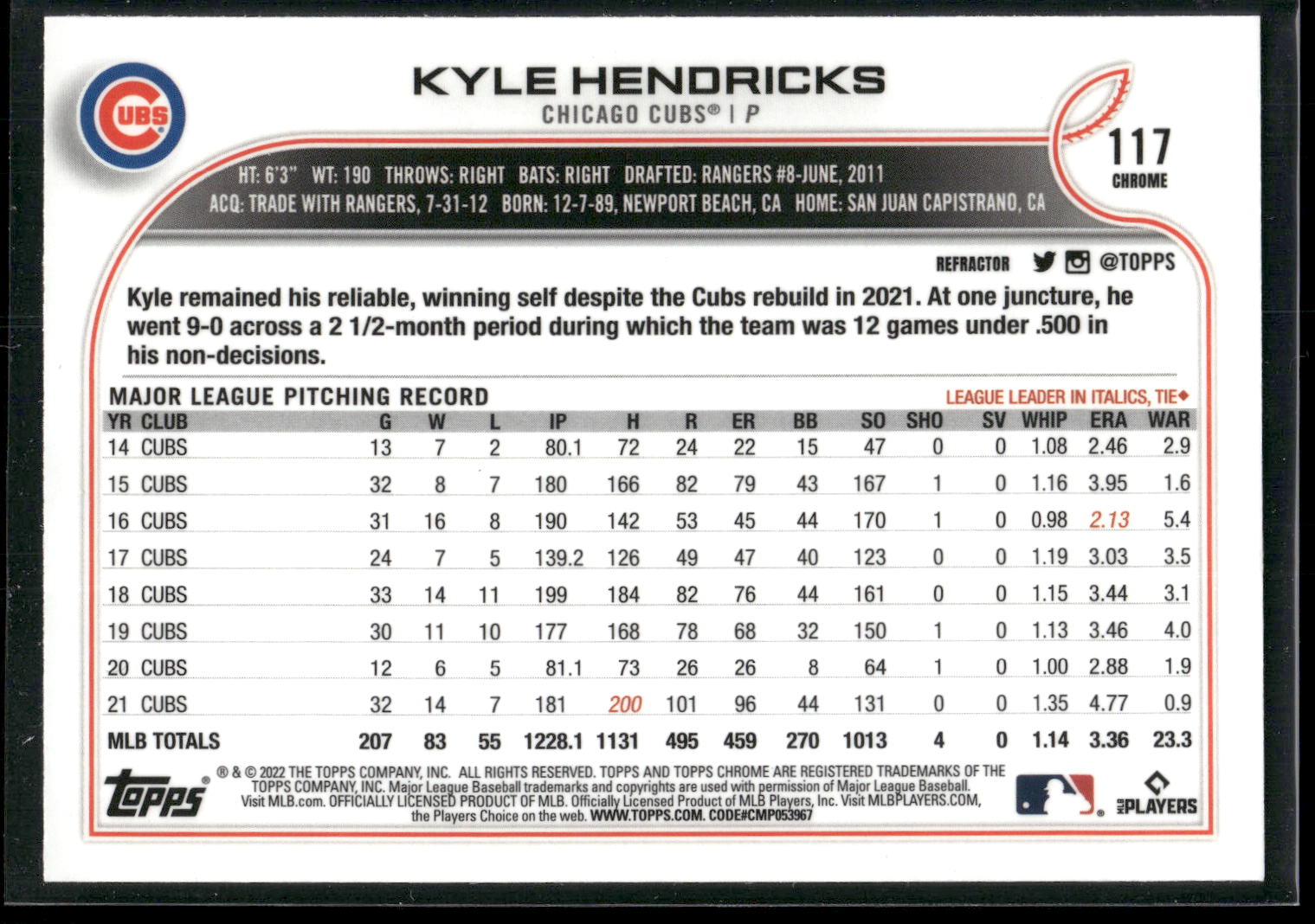 2022 Topps Chrome Sonic #117 Kyle Hendricks