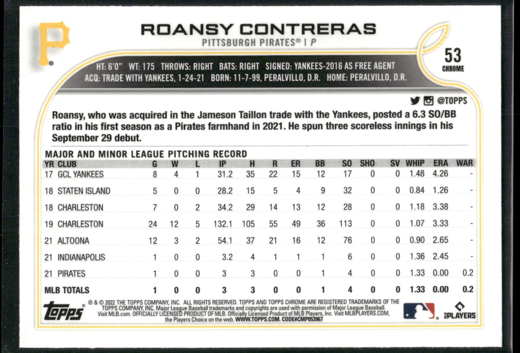2022 Topps Chrome #53 Roansy Contreras Sepia Refractor