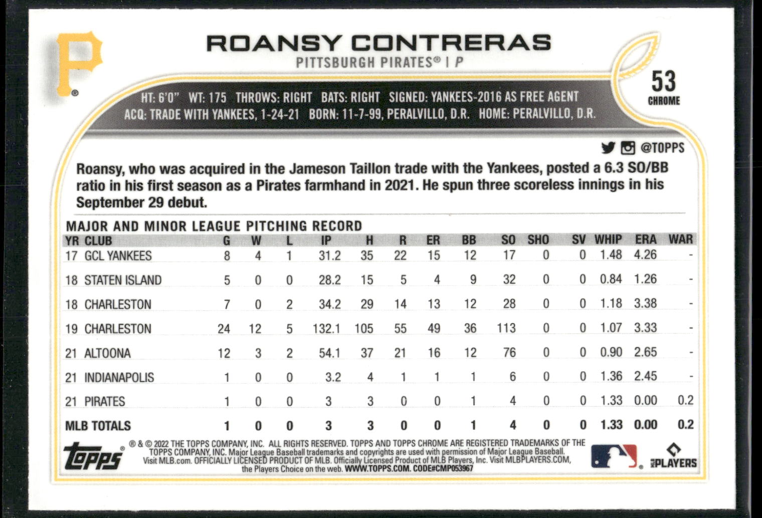 2022 Topps Chrome #53 Roansy Contreras Sepia Refractor