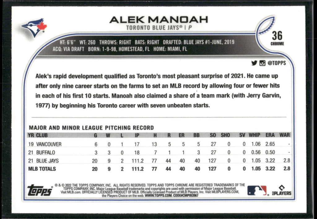 2022 Topps Chrome #36 Alek Manoah Pink Refractor
