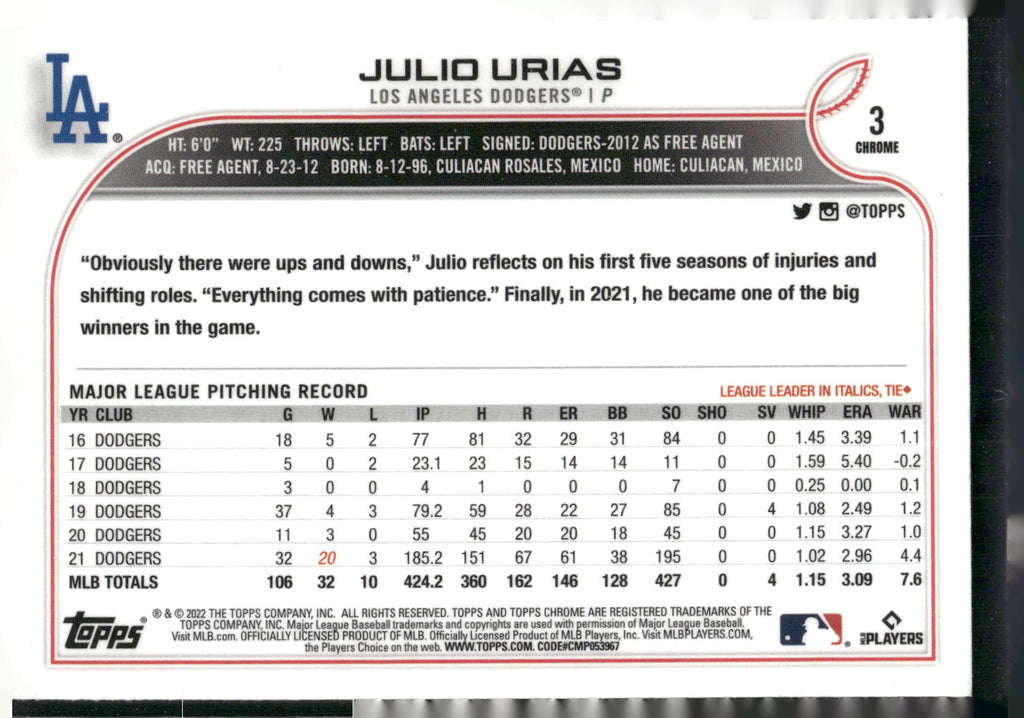 2022 Topps Mini #299 Julio Urias Pink #/25