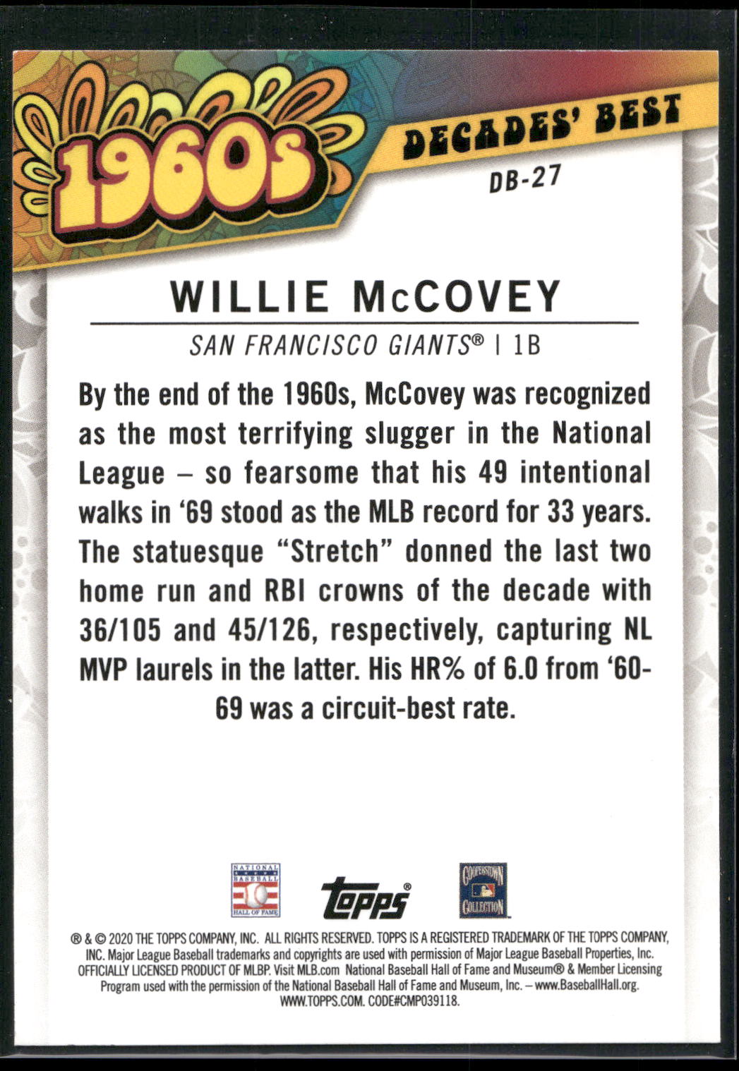 2020 Topps #DB-27 Willie McCovey Decades' Best (Series Two)