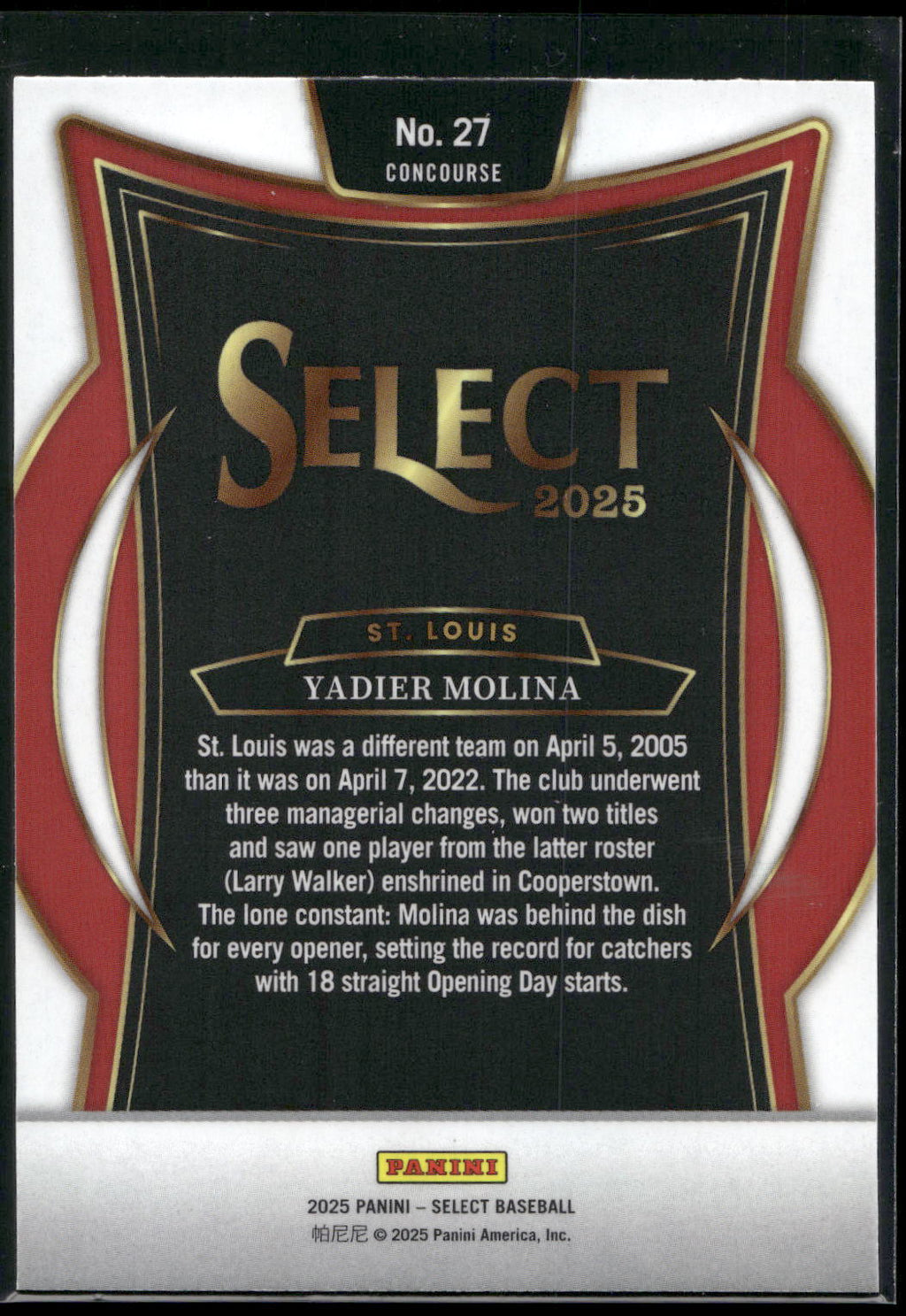 2025 Panini Select #27 Yadier Molina