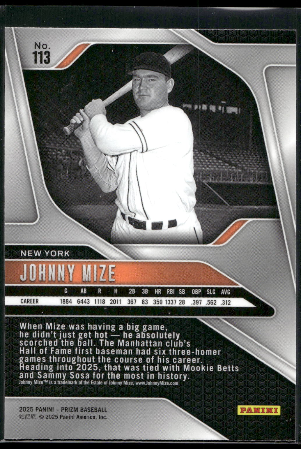 2025 Panini Prizm #113 Johnny Mize