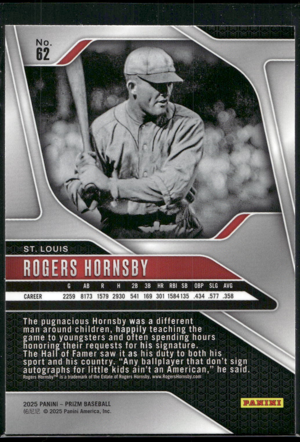 2025 Panini Prizm #62 Rogers Hornsby