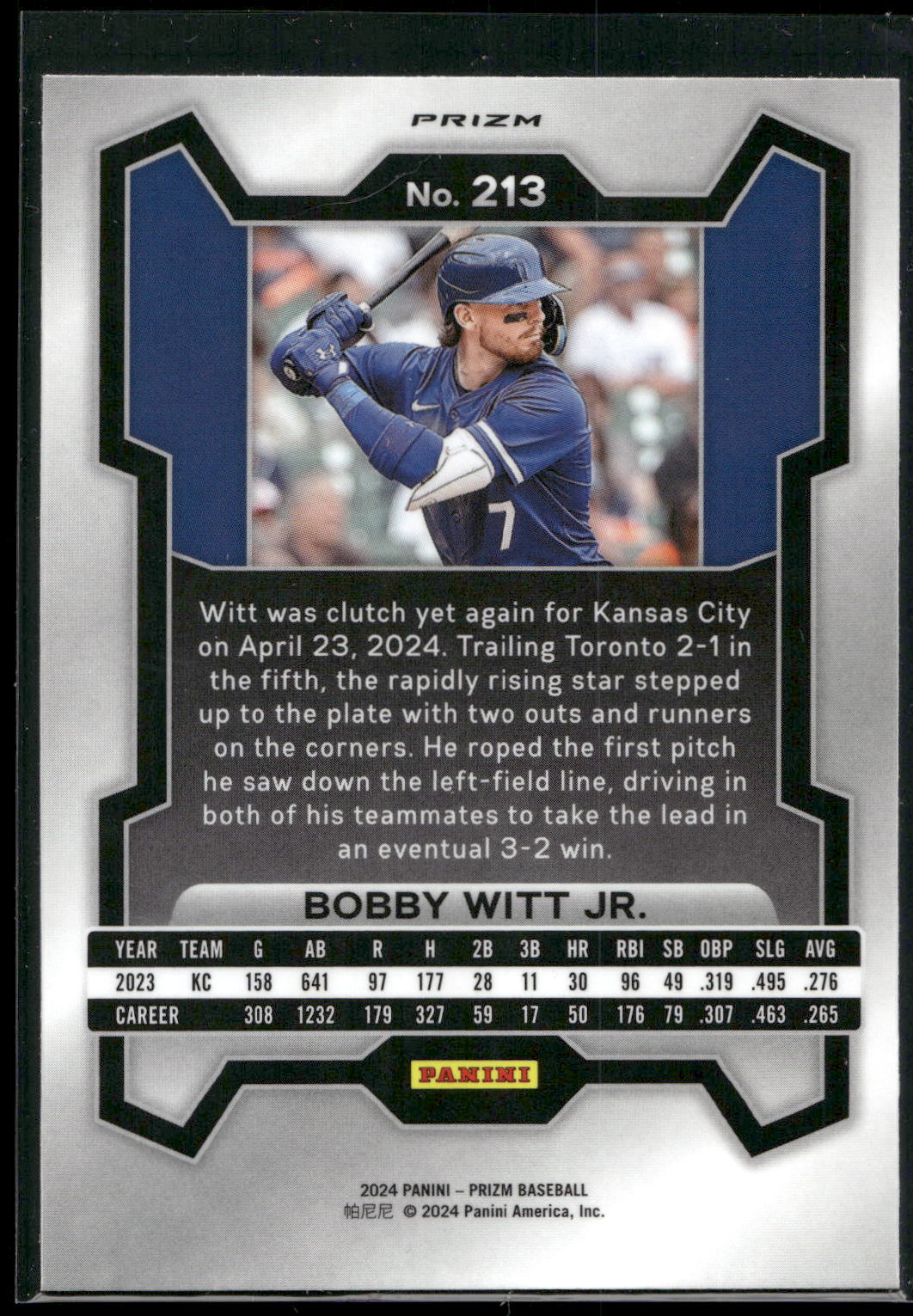 2024 Panini Prizm #213 Bobby Witt Jr. Silver Prizms