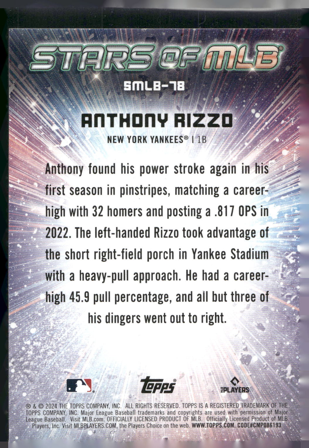 2024 Topps Update #SMLB-78 Anthony Rizzo Stars of MLB