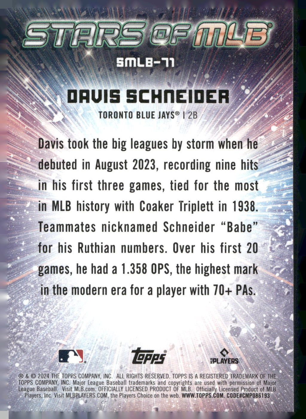 2024 Topps Update #SMLB-71 Davis Schneider Stars of MLB