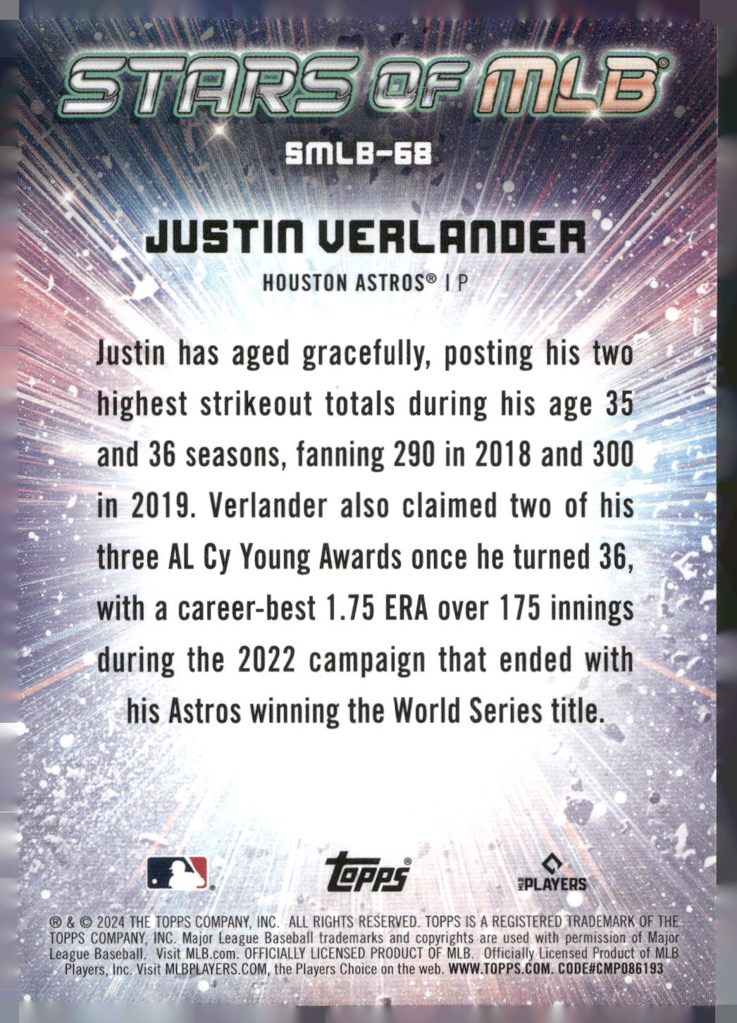 2024 Topps Update #SMLB-68 Justin Verlander Stars of MLB
