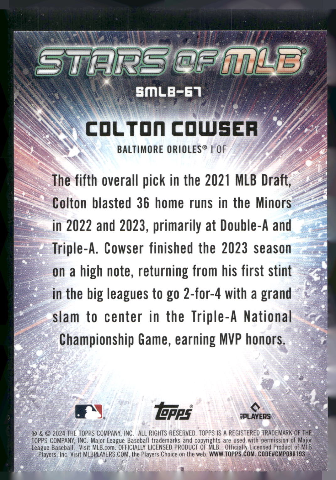 2024 Topps Update #SMLB-67 Colton Cowser Stars of MLB