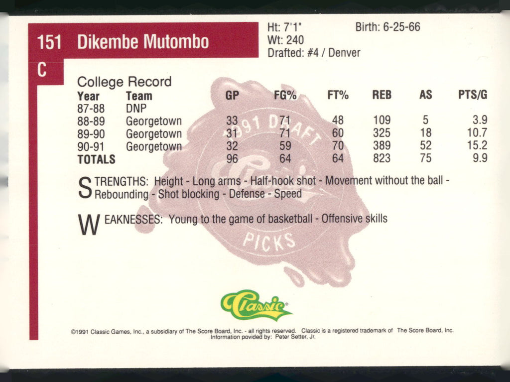 1991 Classic Four Sport #151 Dikembe Mutombo