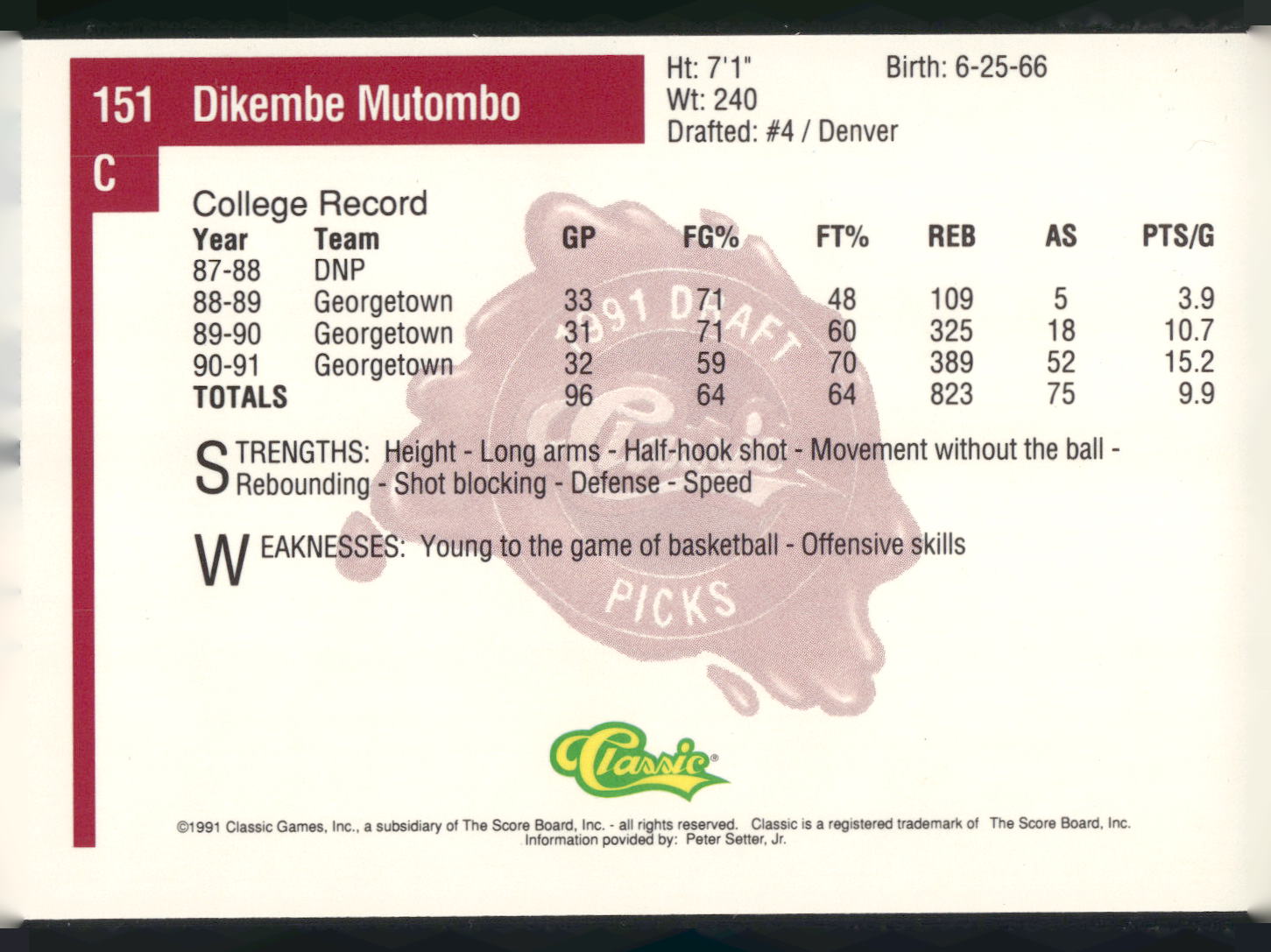 1991 Classic Four Sport #151 Dikembe Mutombo
