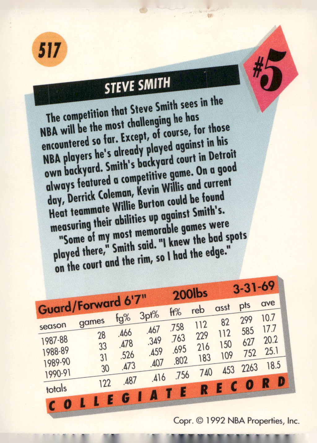 1991-92 SkyBox #517 Steve Smith