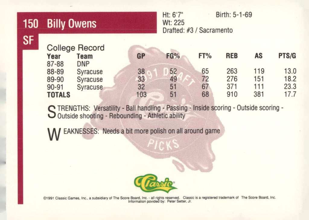 1991 Classic Four Sport #150 Billy Owens