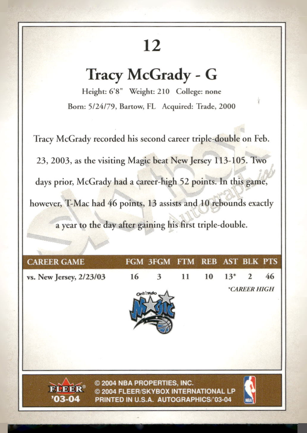 2003-04 SkyBox Autographics #12 Tracy McGrady