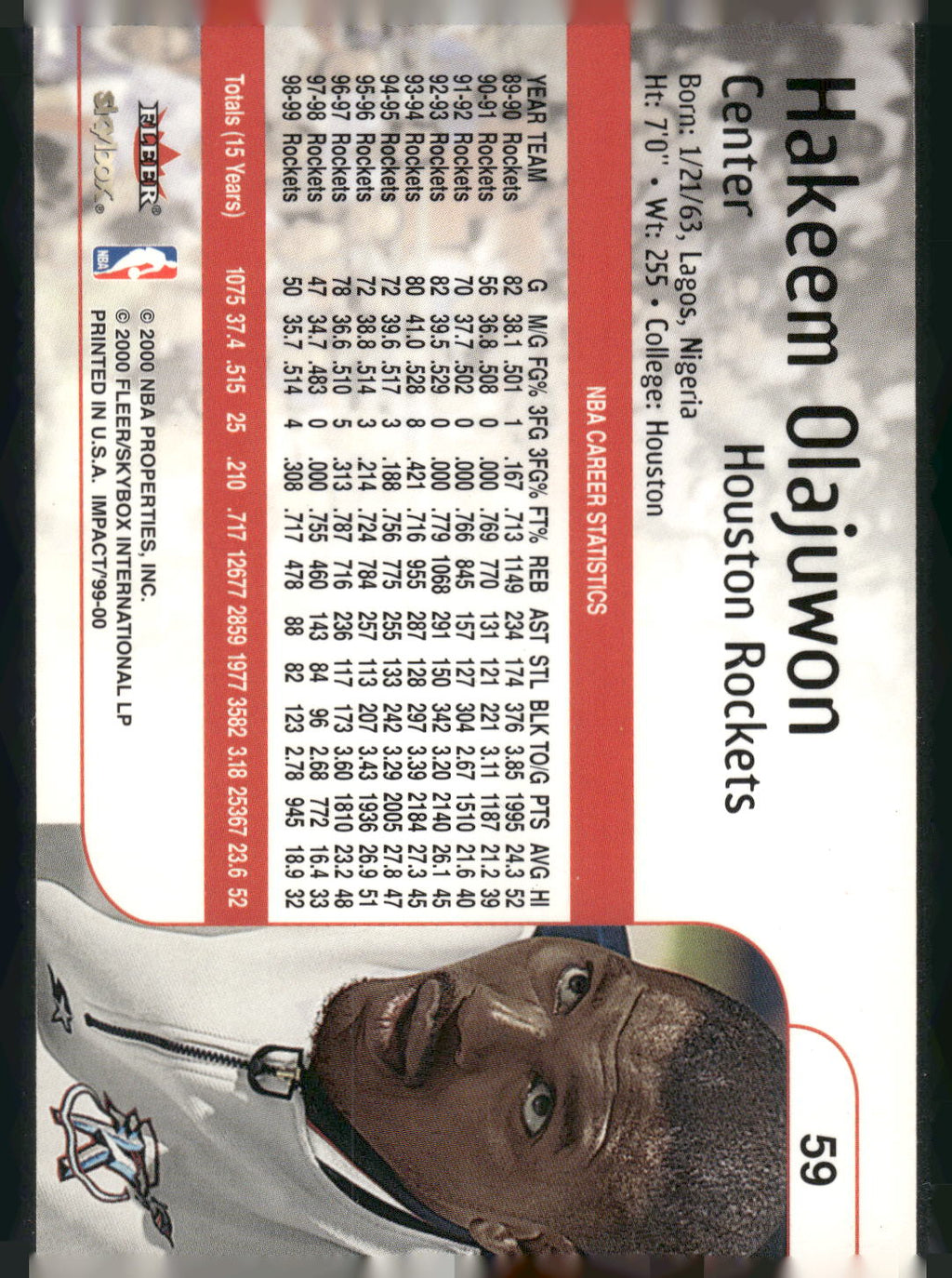 1999-00 SkyBox Impact #59 Hakeem Olajuwon