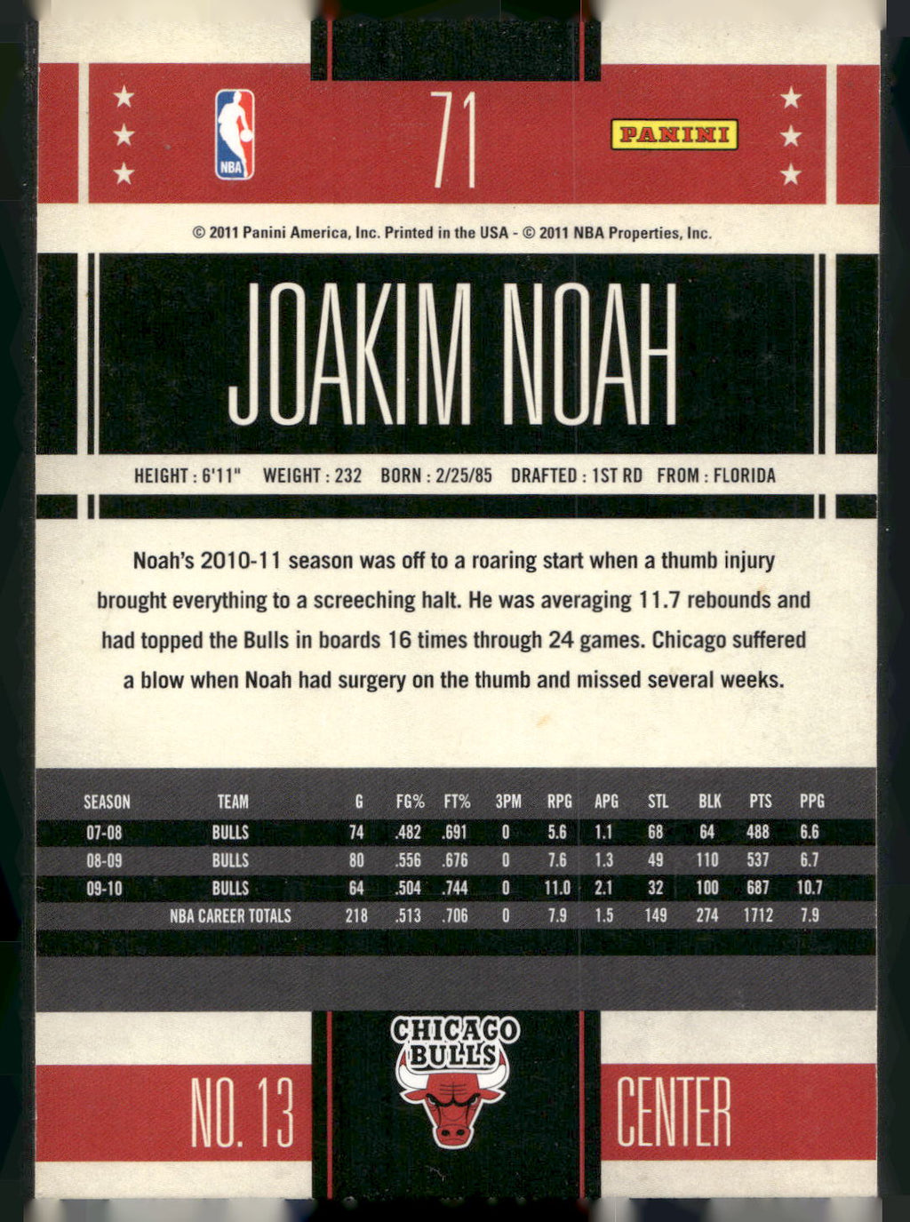 2010-11 Panini Classics #71 Joakim Noah