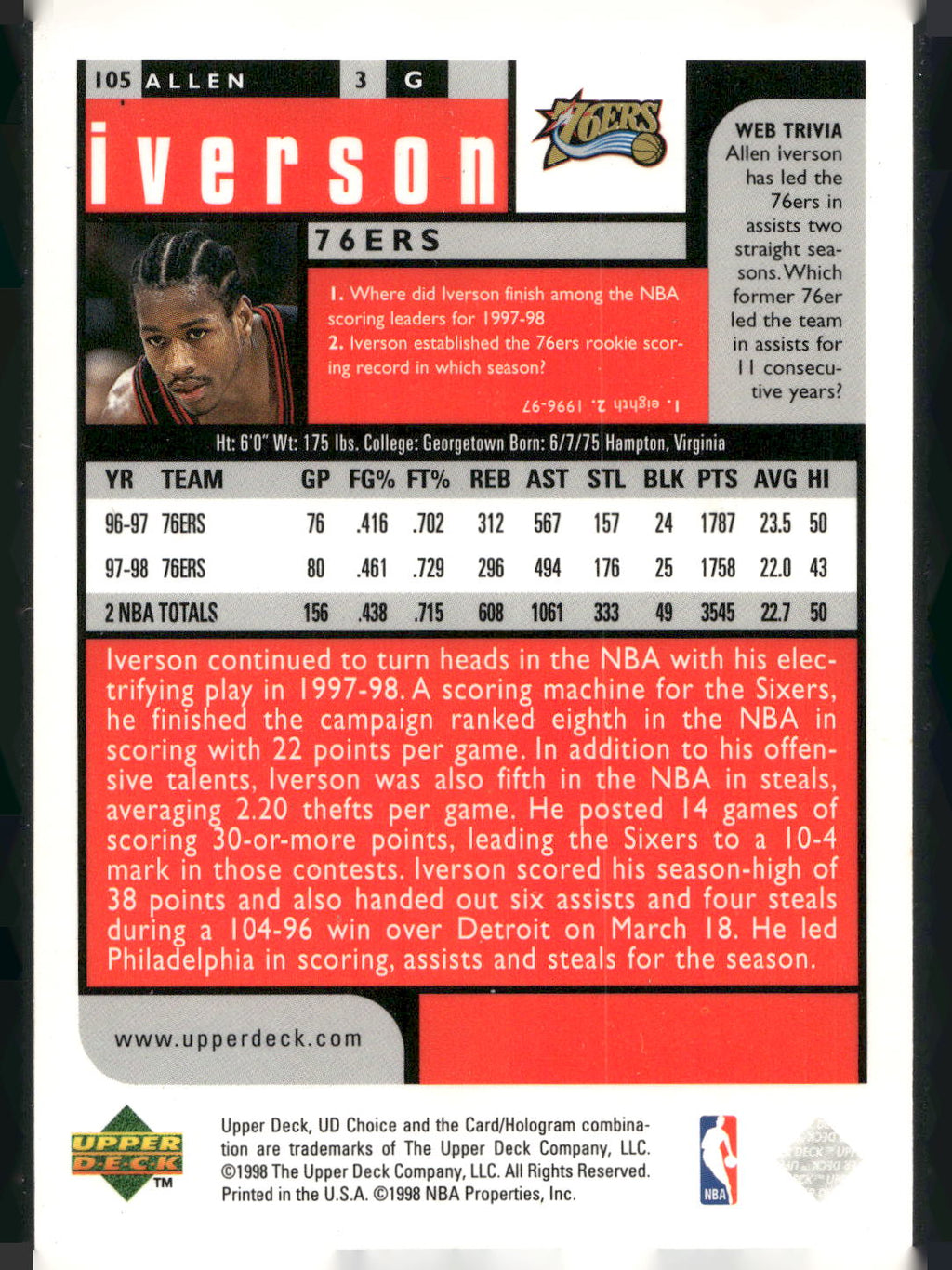1998-99 UD Choice #105 Allen Iverson