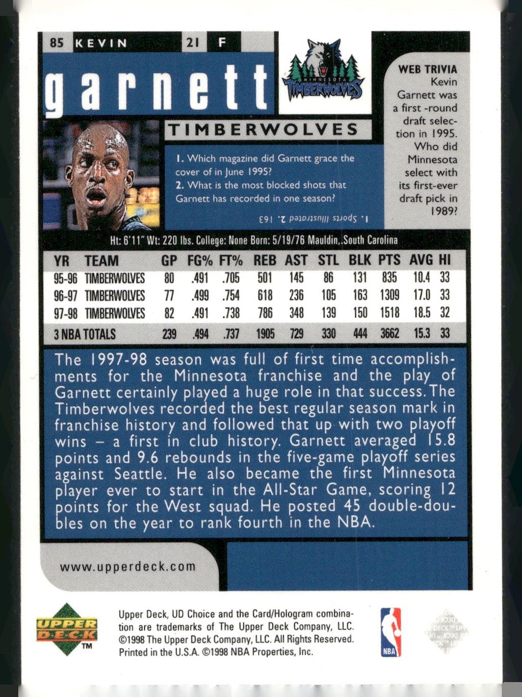 1998-99 UD Choice #85 Kevin Garnett