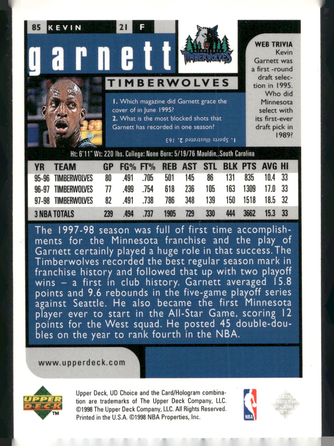 1998-99 UD Choice #85 Kevin Garnett