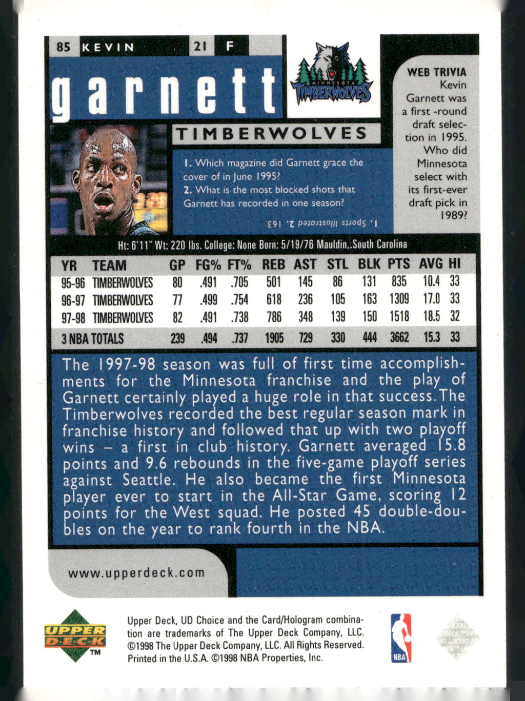 1998-99 UD Choice #85 Kevin Garnett