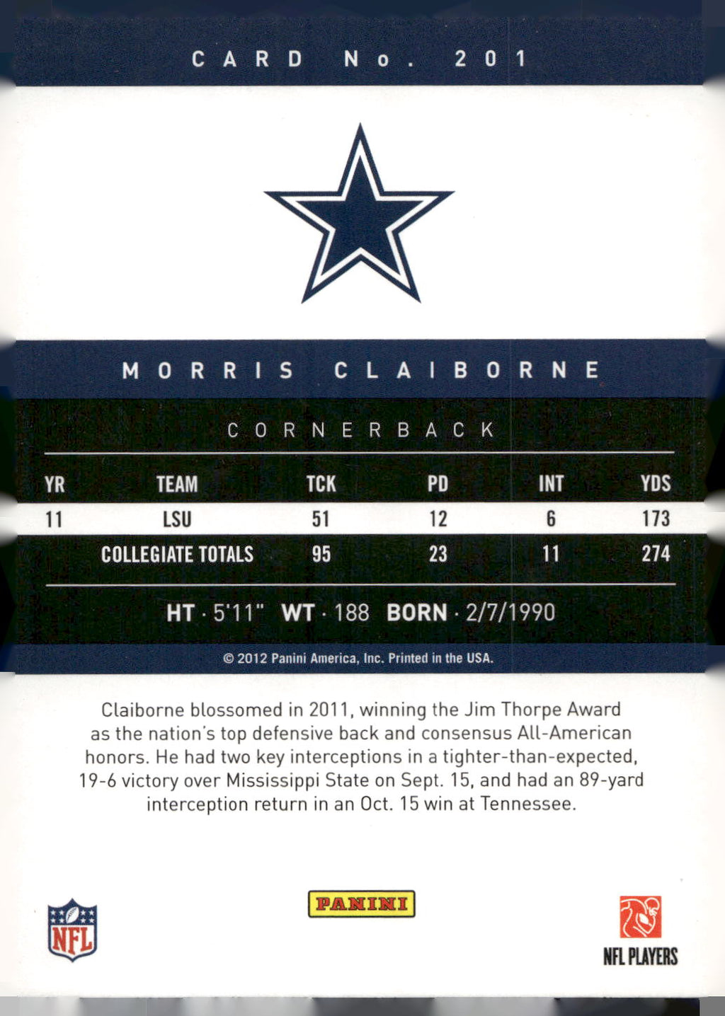 2012 Panini Prestige #201 Morris Claiborne