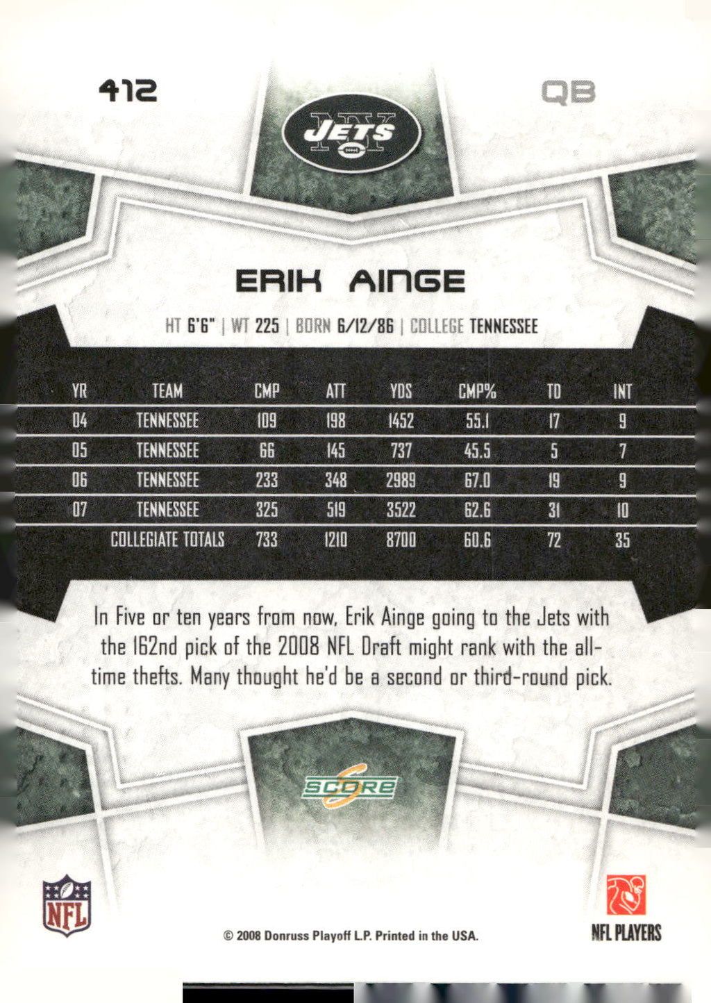 2008 Score #412 Erik Ainge Super Bowl XLIII