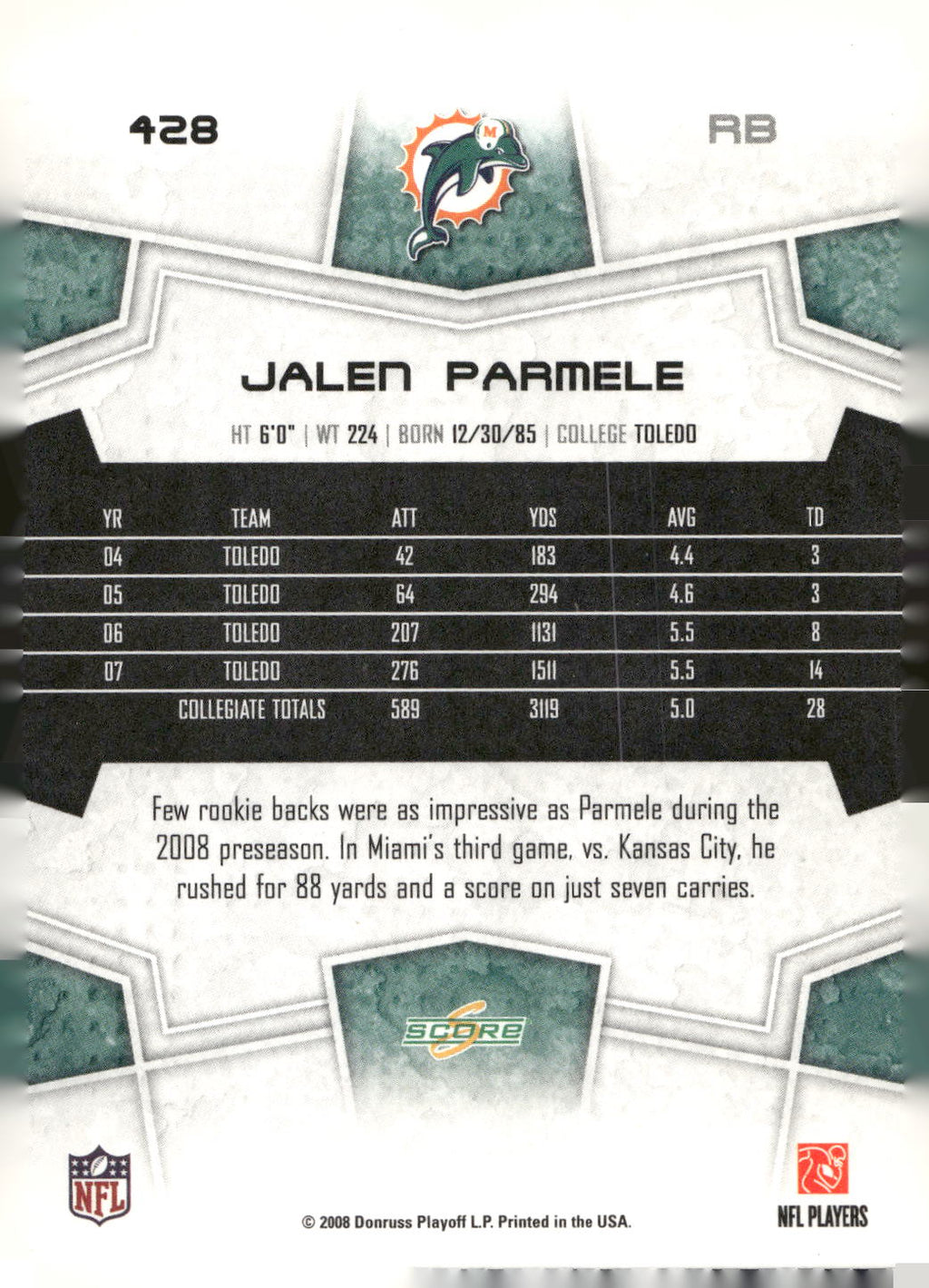 2008 Score #428 Jalen Parmele Super Bowl XLIII