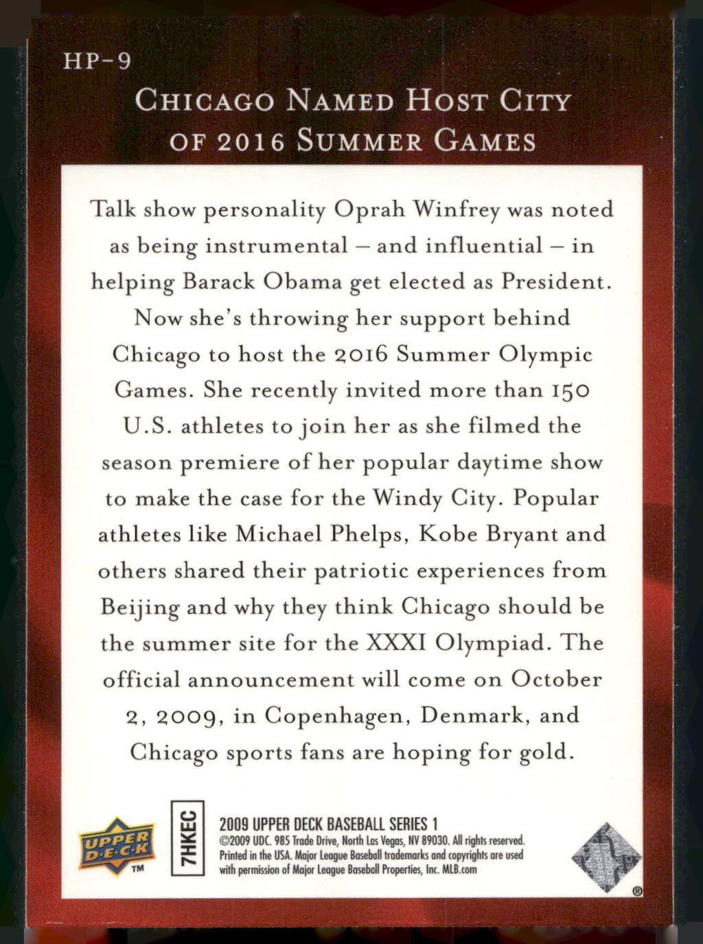 2009 Upper Deck #HP-9 Chicago Named Host City 2016 Summer Games