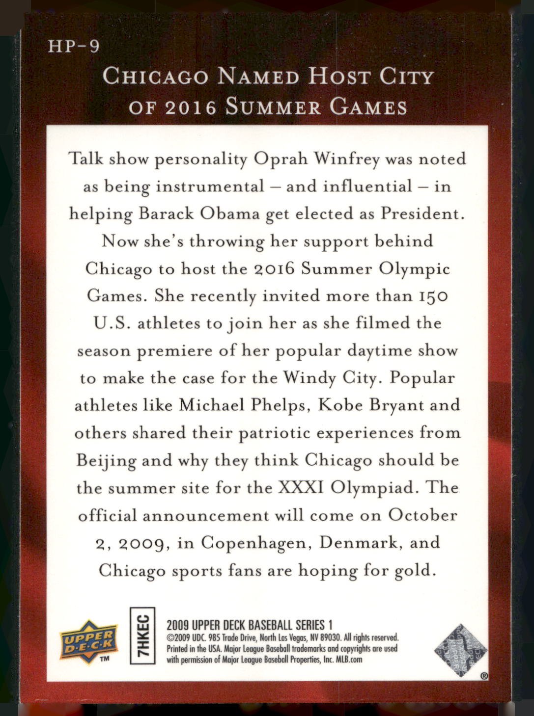 2009 Upper Deck #HP-9 Chicago Named Host City 2016 Summer Games
