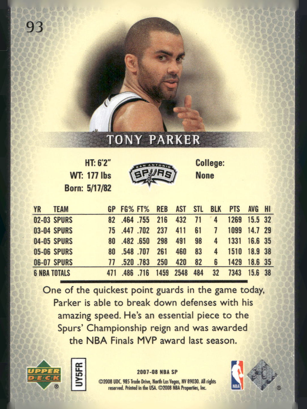 2007-08 SP Authentic #93 Tony Parker Retail