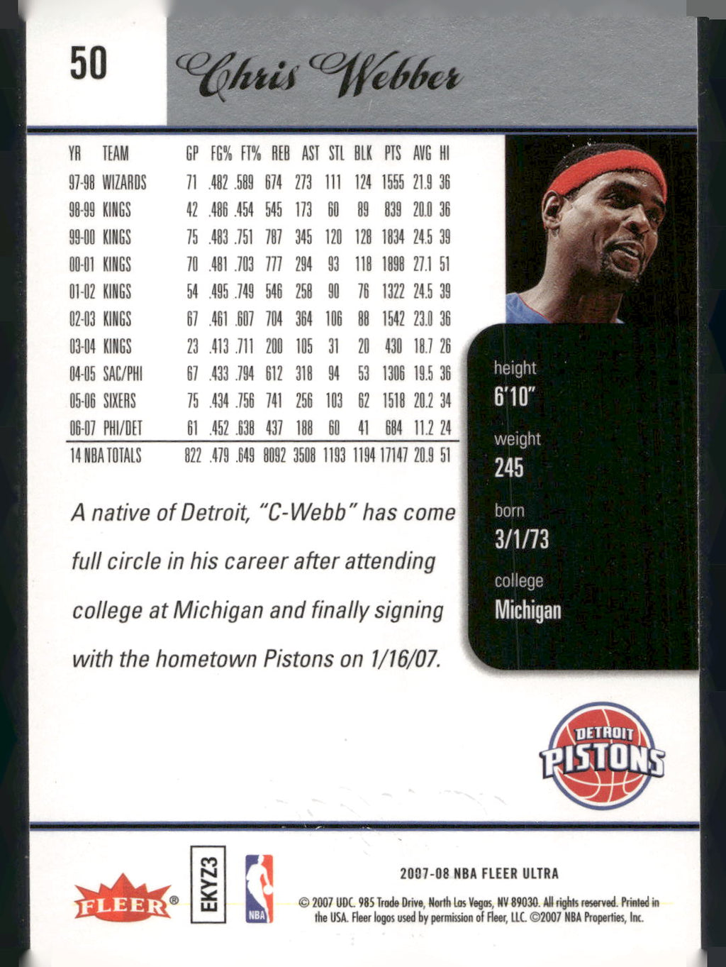 2007-08 Ultra #50 Chris Webber