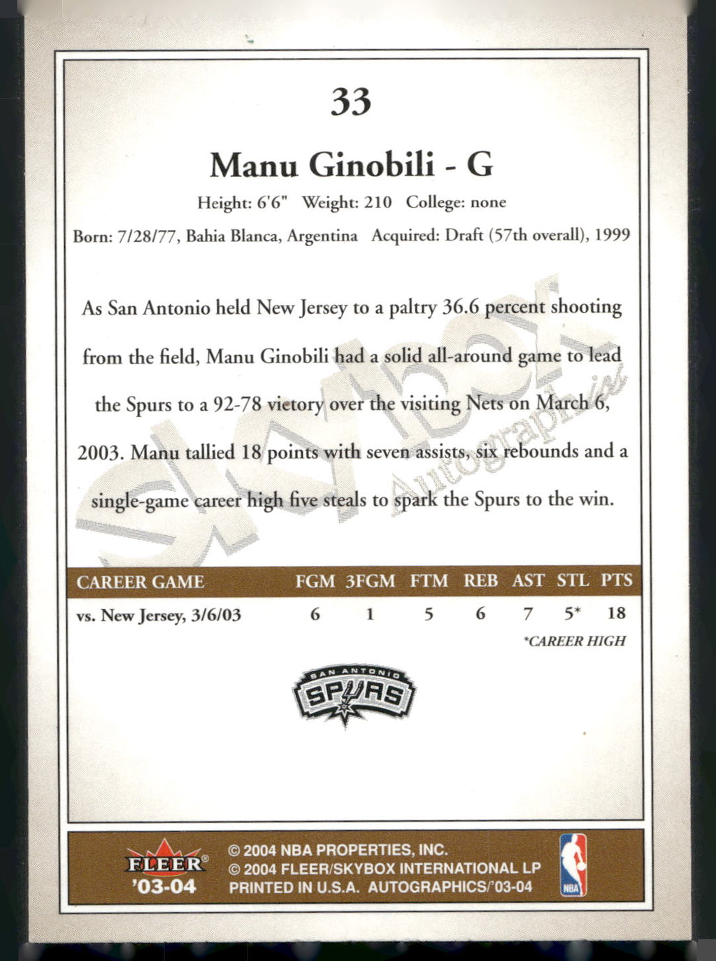 2003-04 SkyBox Autographics #33 Manu Ginobili