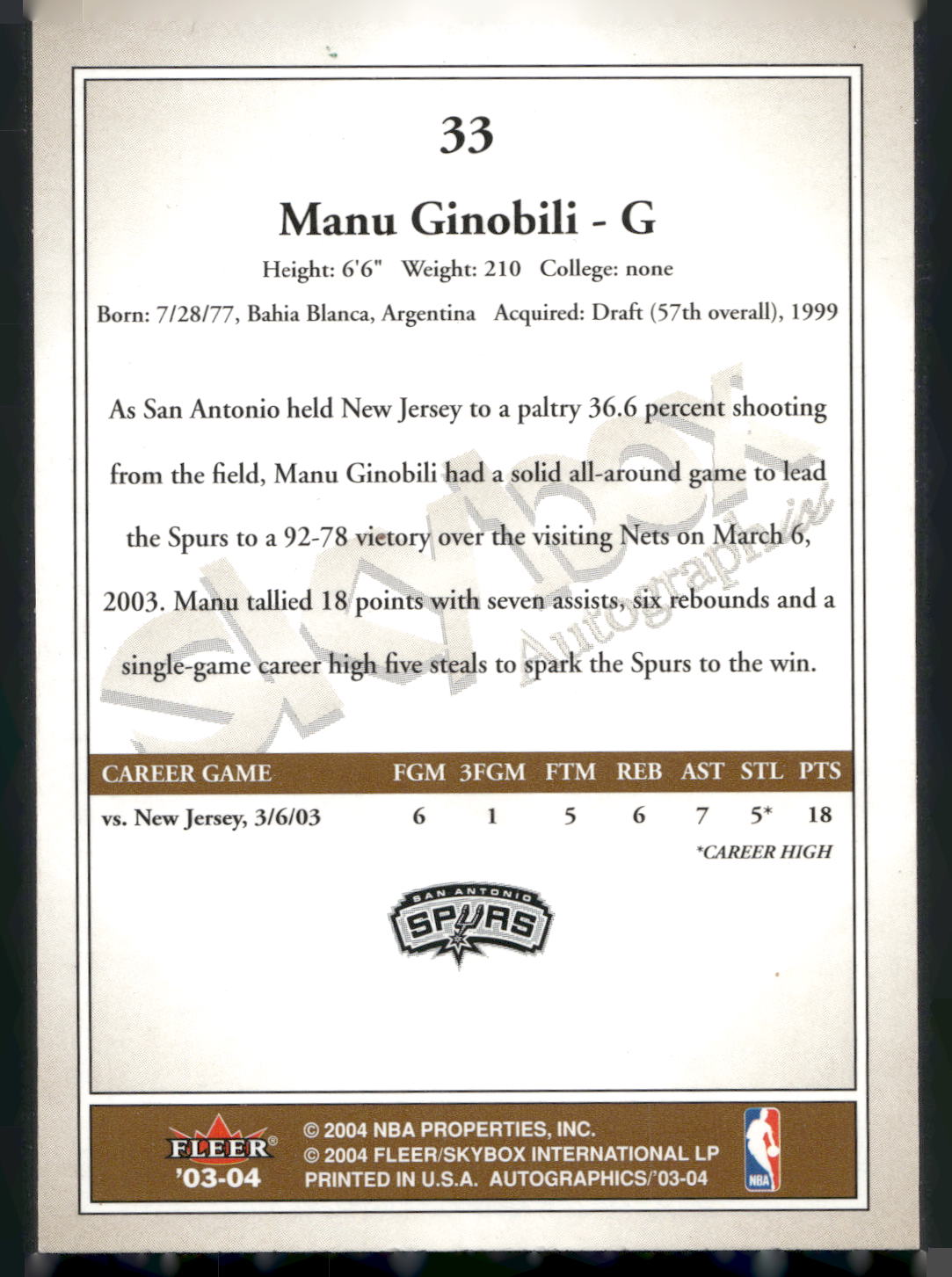 2003-04 SkyBox Autographics #33 Manu Ginobili