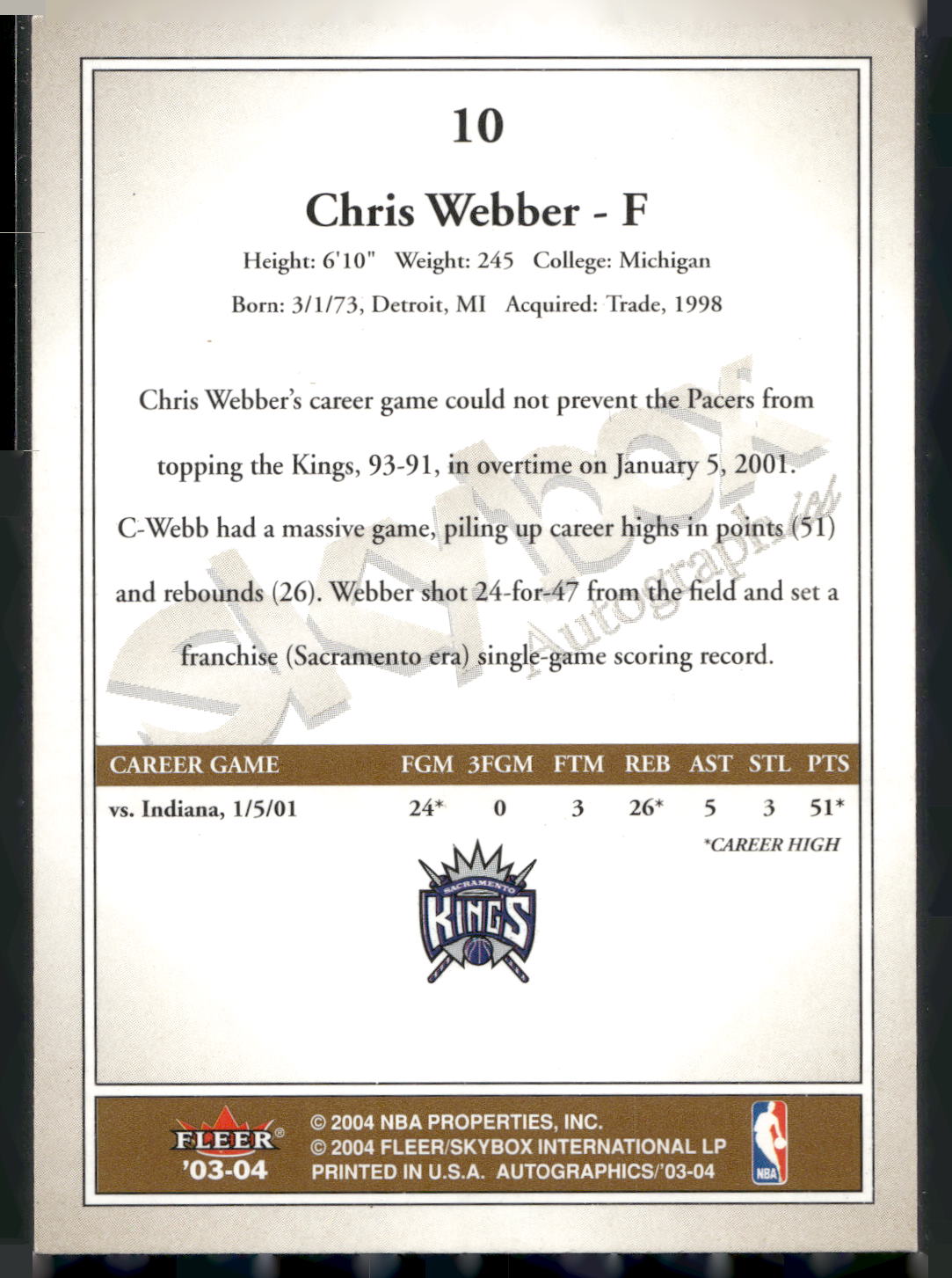 2003-04 SkyBox Autographics #10 Chris Webber