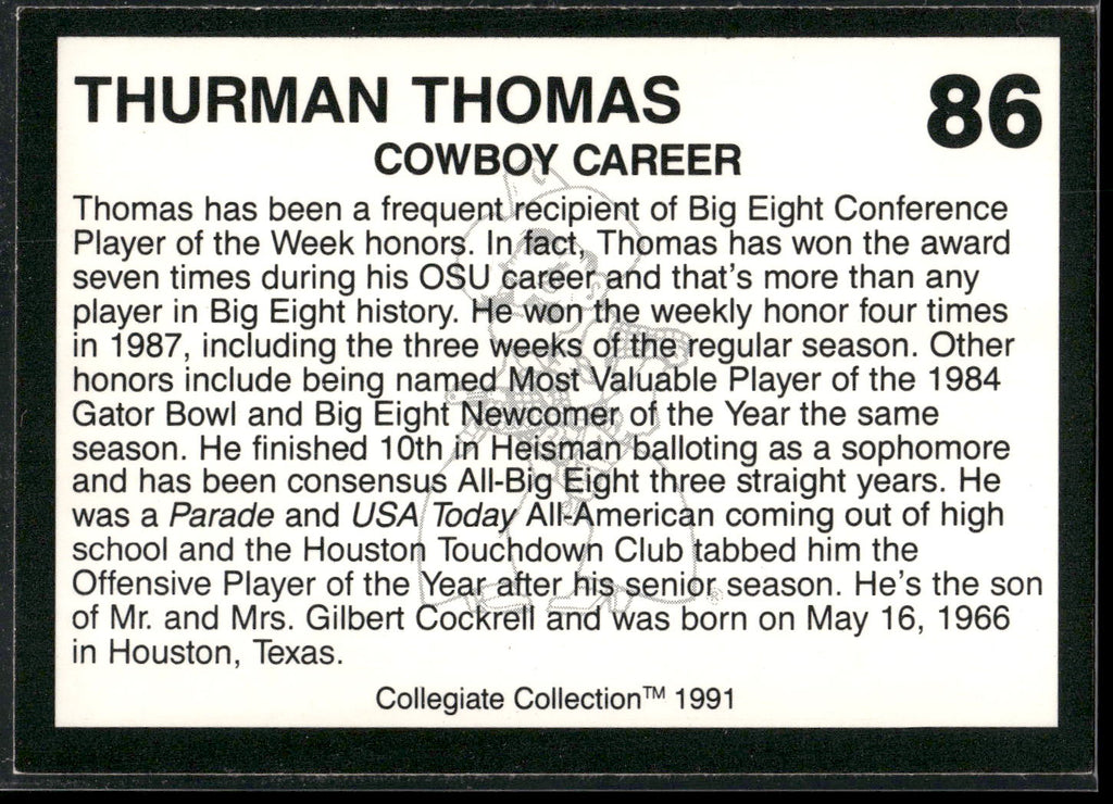 1991 Collegiate Collection Oklahoma State Cowboys #86 Thurman Thomas