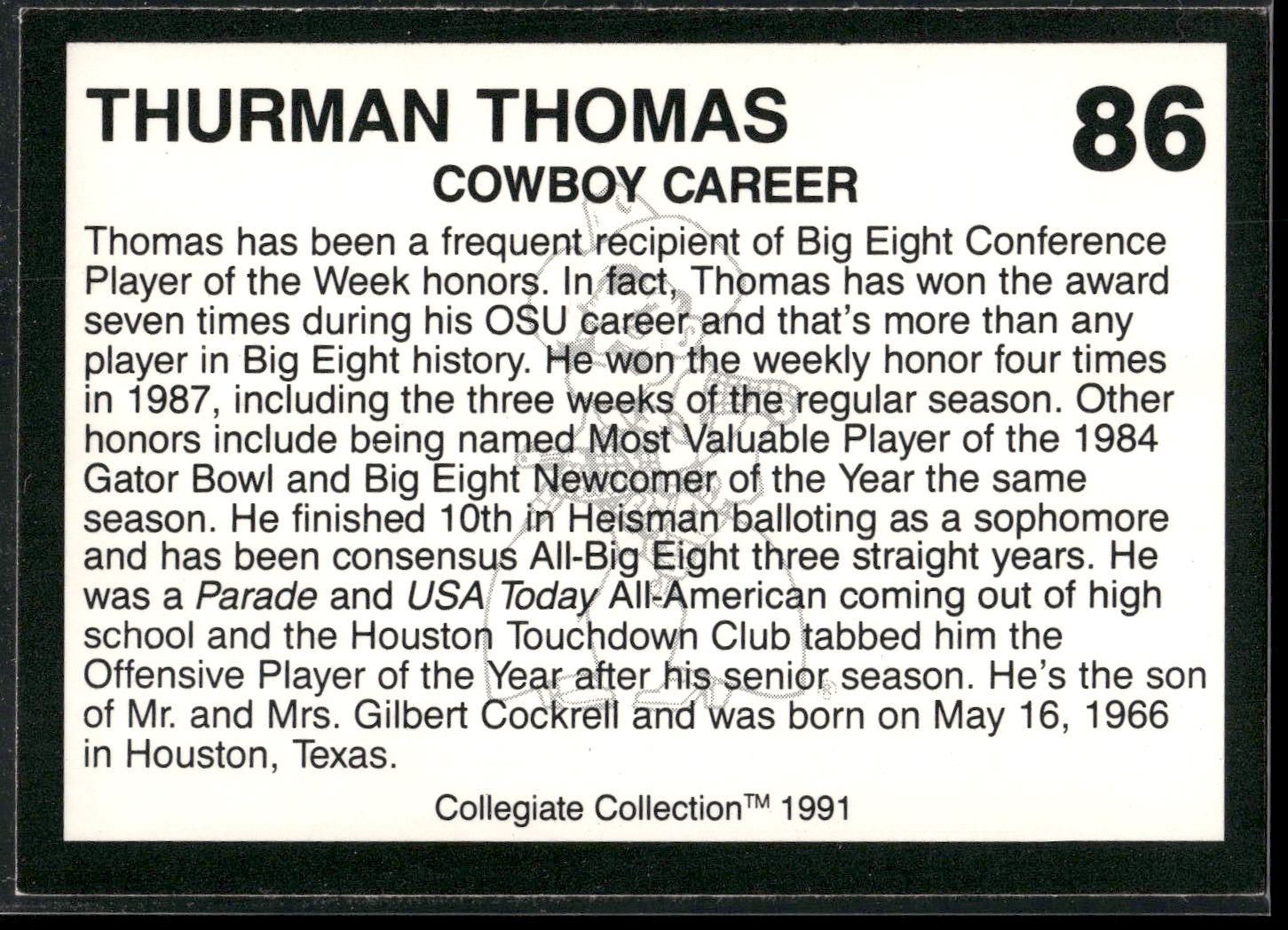 1991 Collegiate Collection Oklahoma State Cowboys #86 Thurman Thomas