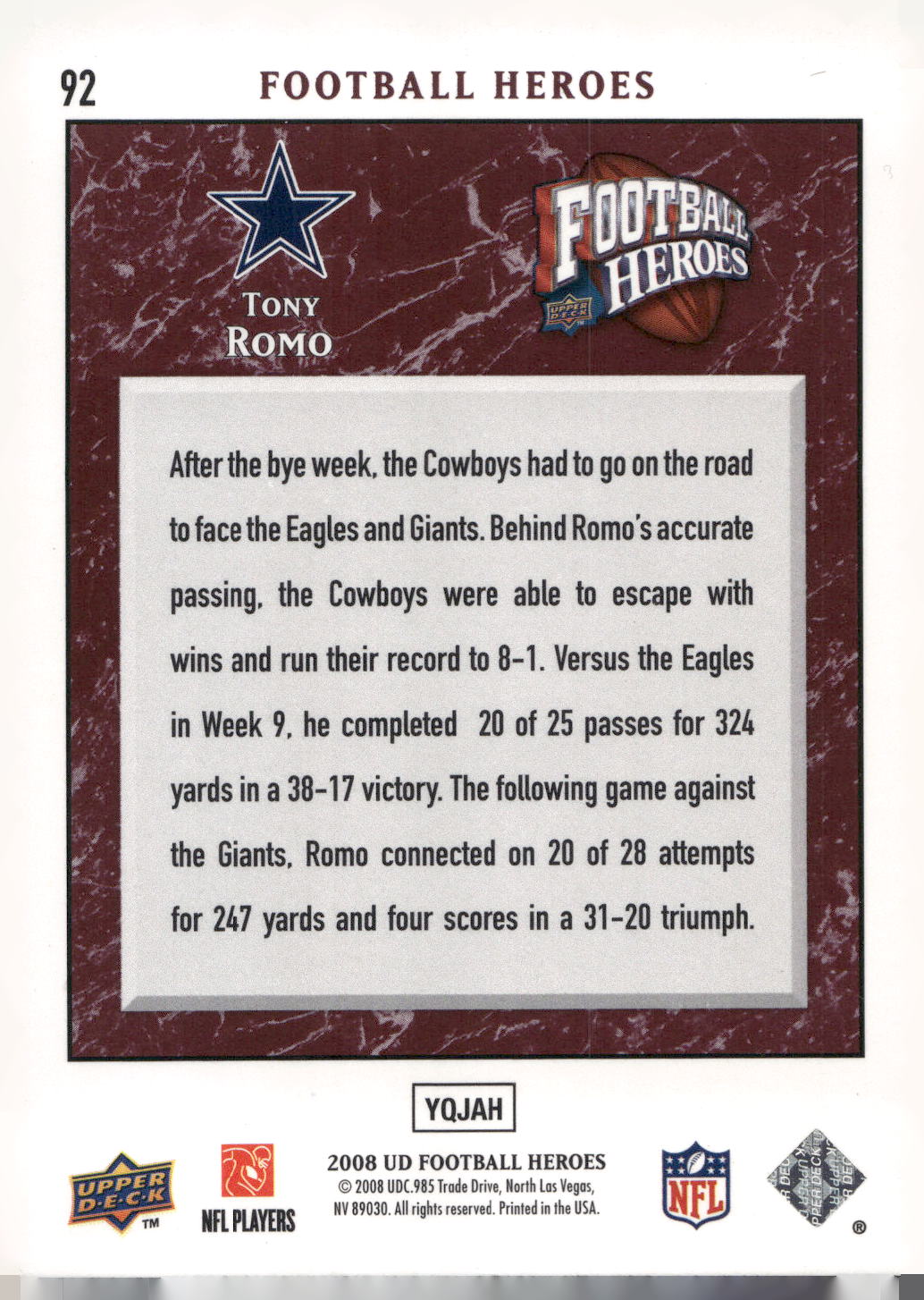 2008 Upper Deck Heroes #92 Tony Romo
