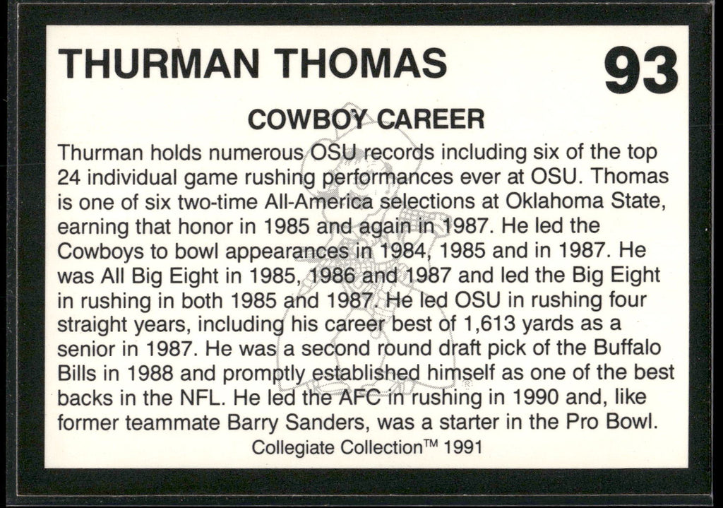 1991 Collegiate Collection Oklahoma State Cowboys #93 Thurman Thomas